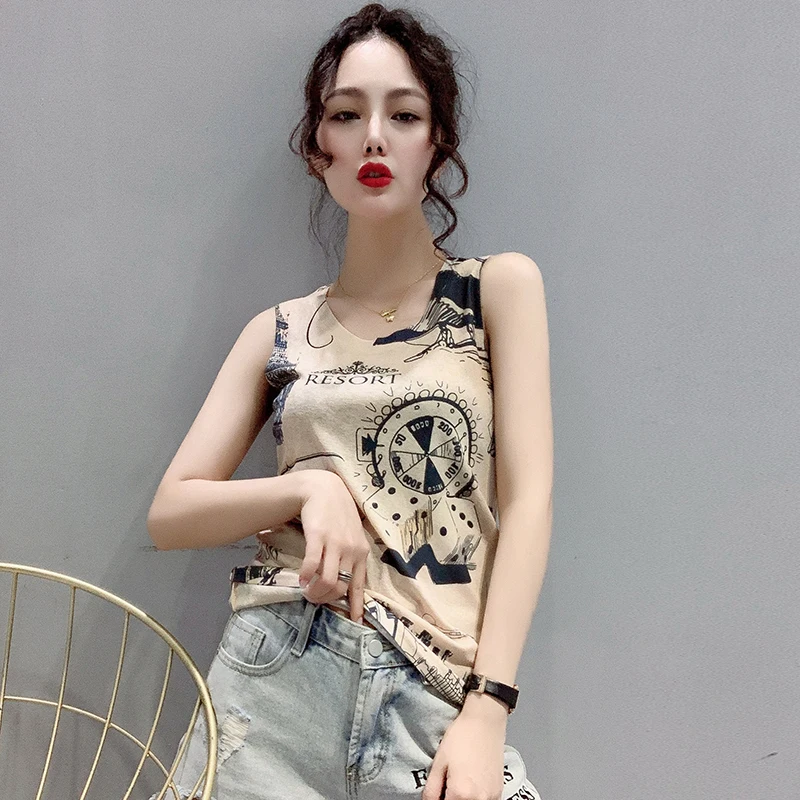 패셔너블한 카모플라주 프린트 조끼 여성용 슬림 티셔츠 베이스 레이어 이너웨어 봄 여름 신상 슬림핏