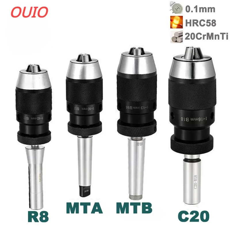 OUIO Automatic Locking Self-tightening Drill Chuck Keyless B10 B12 B16 B18 B22 Lathe tools Toolhoder MTA MTB R8 C20 For Drill