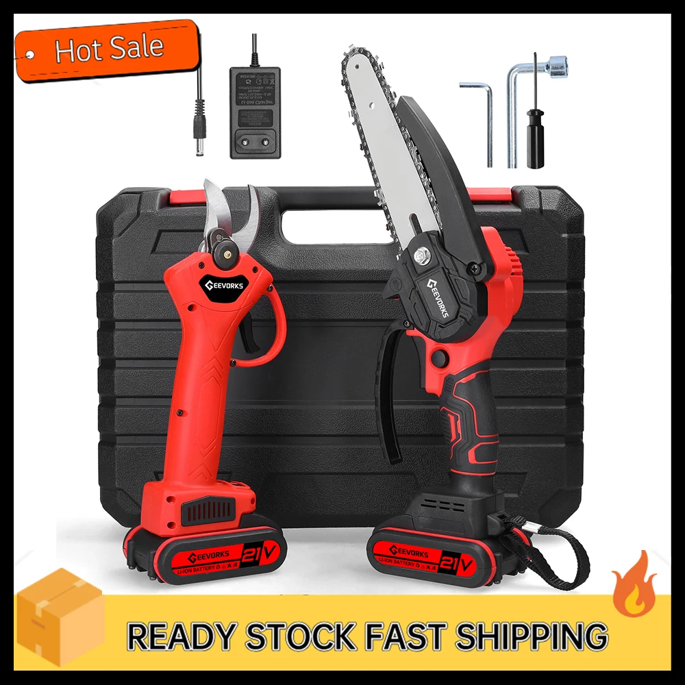 21V 6inch Portable Electric Chainsaw and 25mm Cordless Pruning Shear Set Wood Splitting Cutting Machine Kit Handheld Woodworking