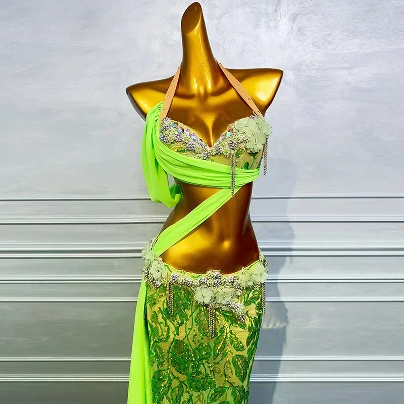 Vrouwen Aangepaste Senior AB Stenen Gedrukt Chiffon Set Oosterse Buikdansen Professionele Prestaties Outfit Buikdans Kostuum