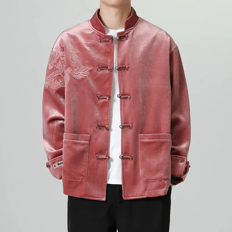 

Autumn Winter Velvet Jacket Men's New Chinese Style Vintage Tang Costume Traditional Dragon Embroidery Coat Large Size 5XL Top