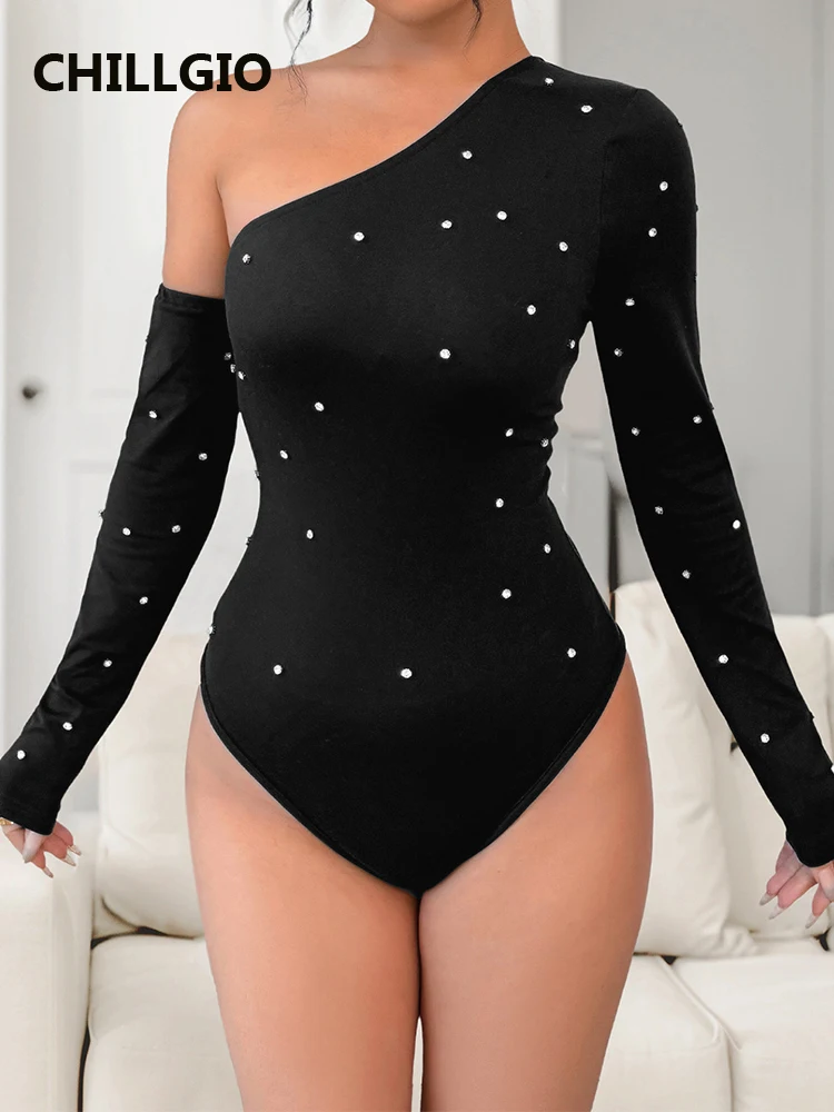 

CHILLGIO женские боди с разрезом на шее и блестками и бриллиантами, модные облегающие комбинезоны, нижнее белье с длинными рукавами, цельный комбинезон