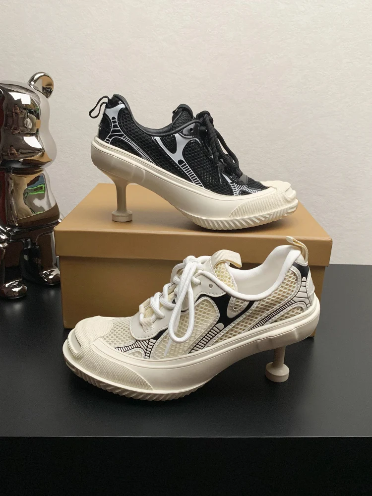 Trendy Breathable Mesh High Heel Shoes for Women Spring Summer New Style Casual Sports Low Cut round Toe Wrap Support Gel Cus...
