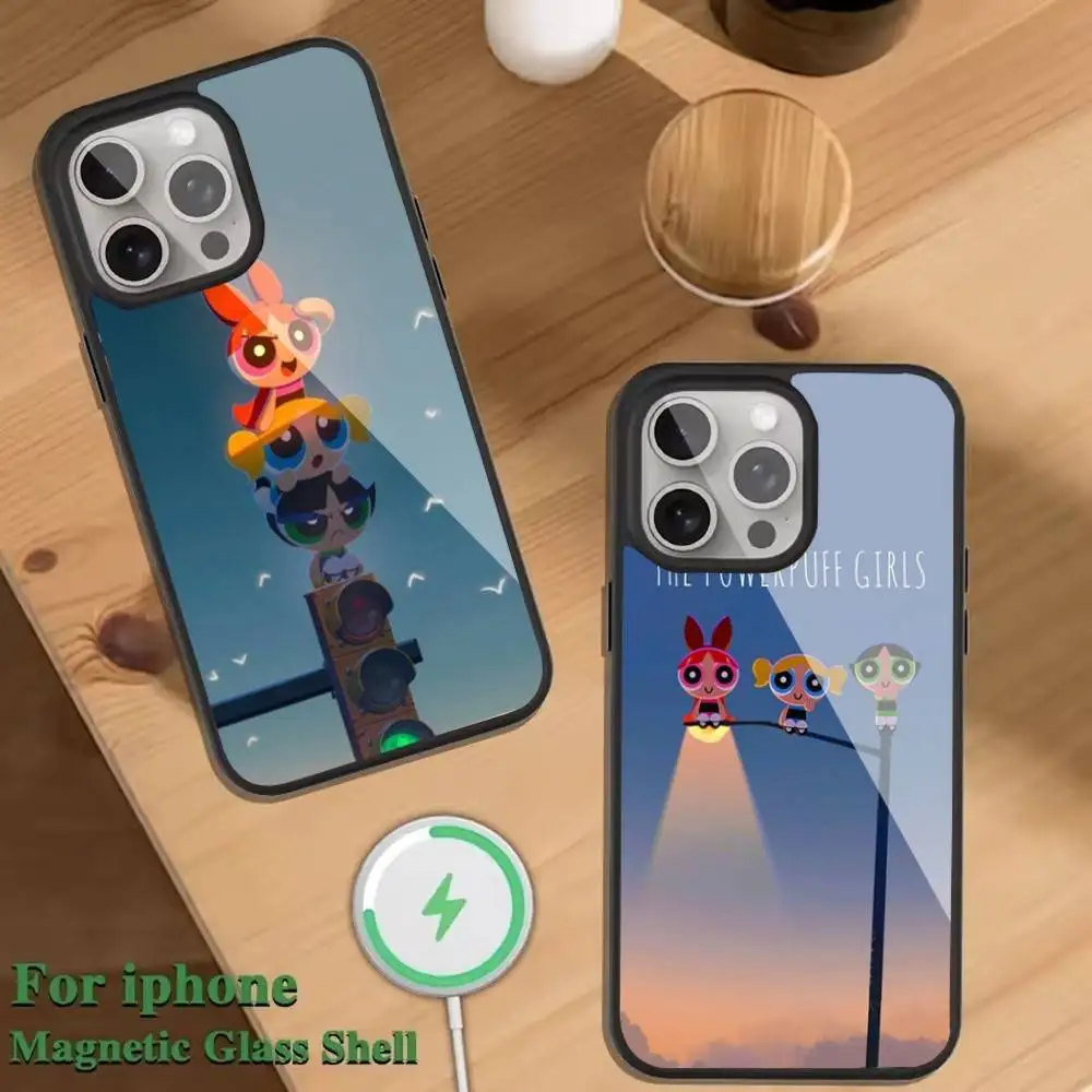 

Fashion P-Powerpuff G-Girls Phone Case For Magnetic Wireless Charge Cover For iphone 16 15 14 13 12 11 Pro Max Plus Coque