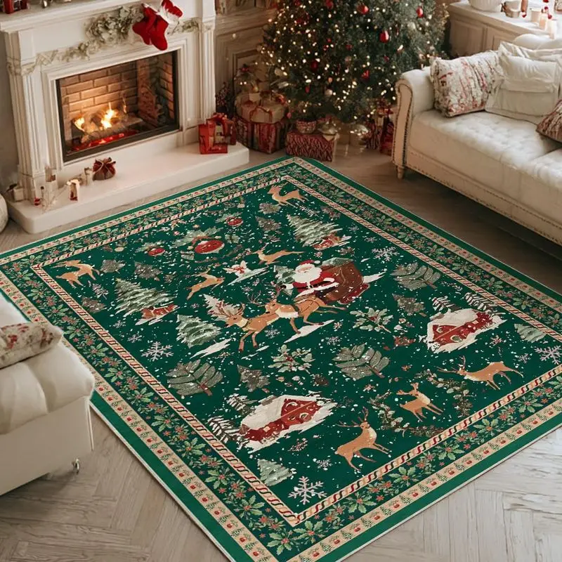 VIKAMA Christmas Tree Area Rug Crystal Velvet Living Room Carpet Non Slip Red Green Holiday Pattern Bedroom Dining Floor Mat