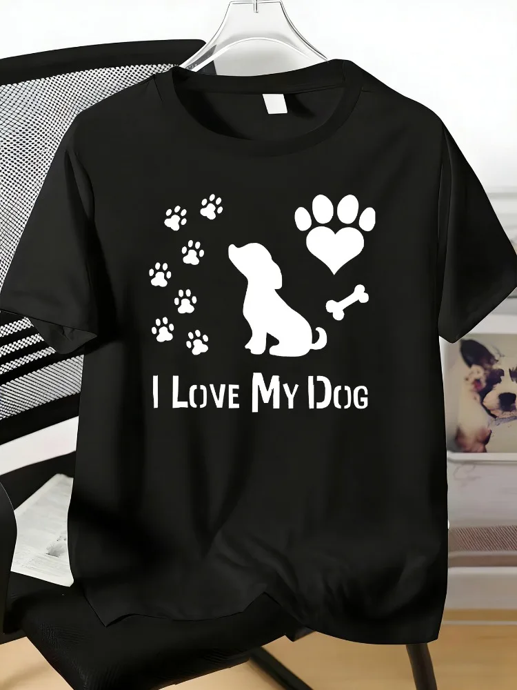 Men Crew Neck Tee I Love My Dog Paw Heart Bone Print Soft Blue Loose Summer Street Top For Dog Pet Lovers Daily Casual Outfit