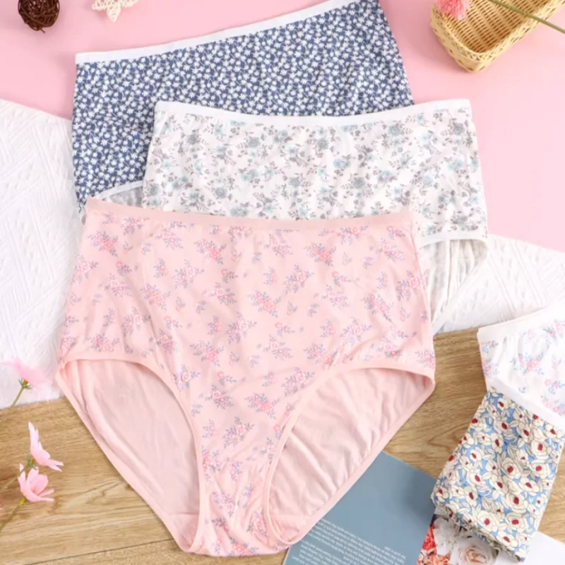 

2PCS High Stretch Modal Underwear Couple High Waist Flower Triangular Panties Lingerie Breathable Soft Plus Size Cute Briefs﻿