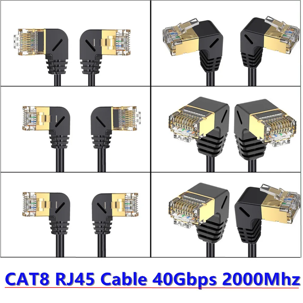 CAT8 8Pin RJ45 40gbps 2000MHz podwójny łokieć w górę i w dół i w lewo i prostopadły 90 stopni Cat8 kabel sieciowy Ethernet RJ45 Lan