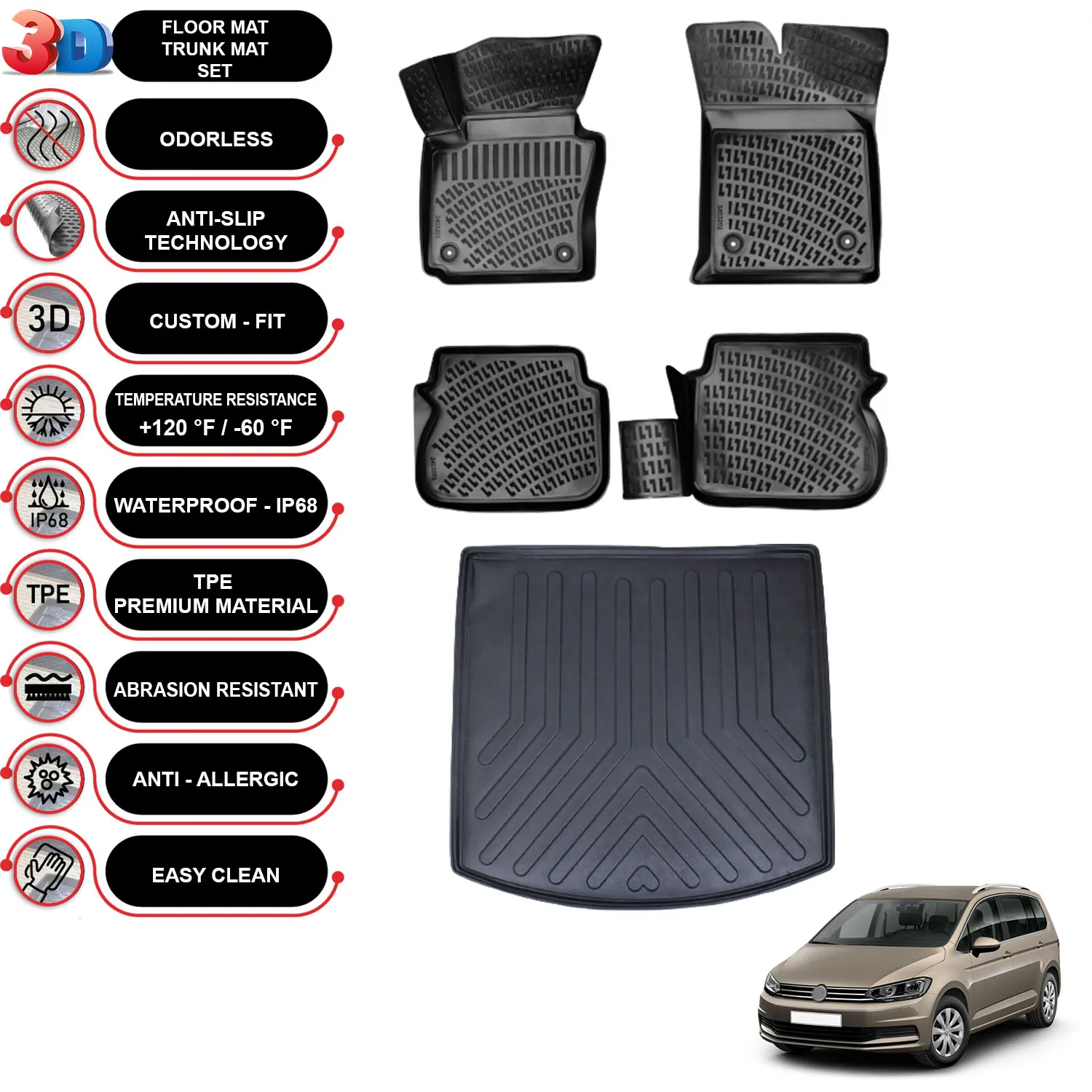 Volkswagen Touran - (2004-2014) - Floor Mats + Cargo Trunk Liner - SET