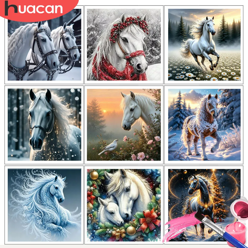 HUACAN Painting By Numbers Adults horse christmas Drawing By Numbers  winter snow animal Hand Painted Decor For Home