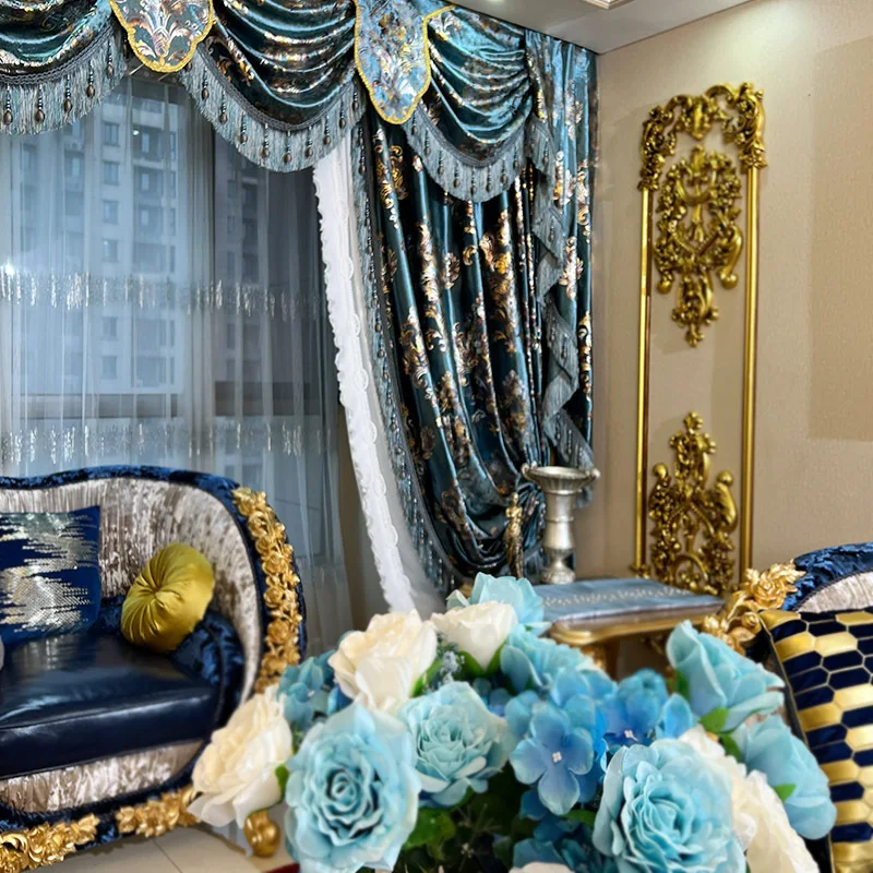 

Custom curtain American-villa Baroque Bronzing high-end blue thick velvet cloth blackout curtain tulle valance drape C1039