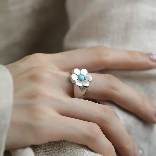 Silver new retro new Chinese turquoise six petal flower brushed ring with adjustable ethnic style high-end jewelry