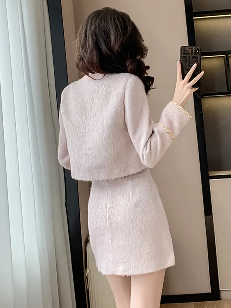 High Quality Fashion Sweet Woolen Two Piece Set For Women Fall Winter Bow Short Jacket Coat + Mini Skirt Suits Conjuntos Cortos