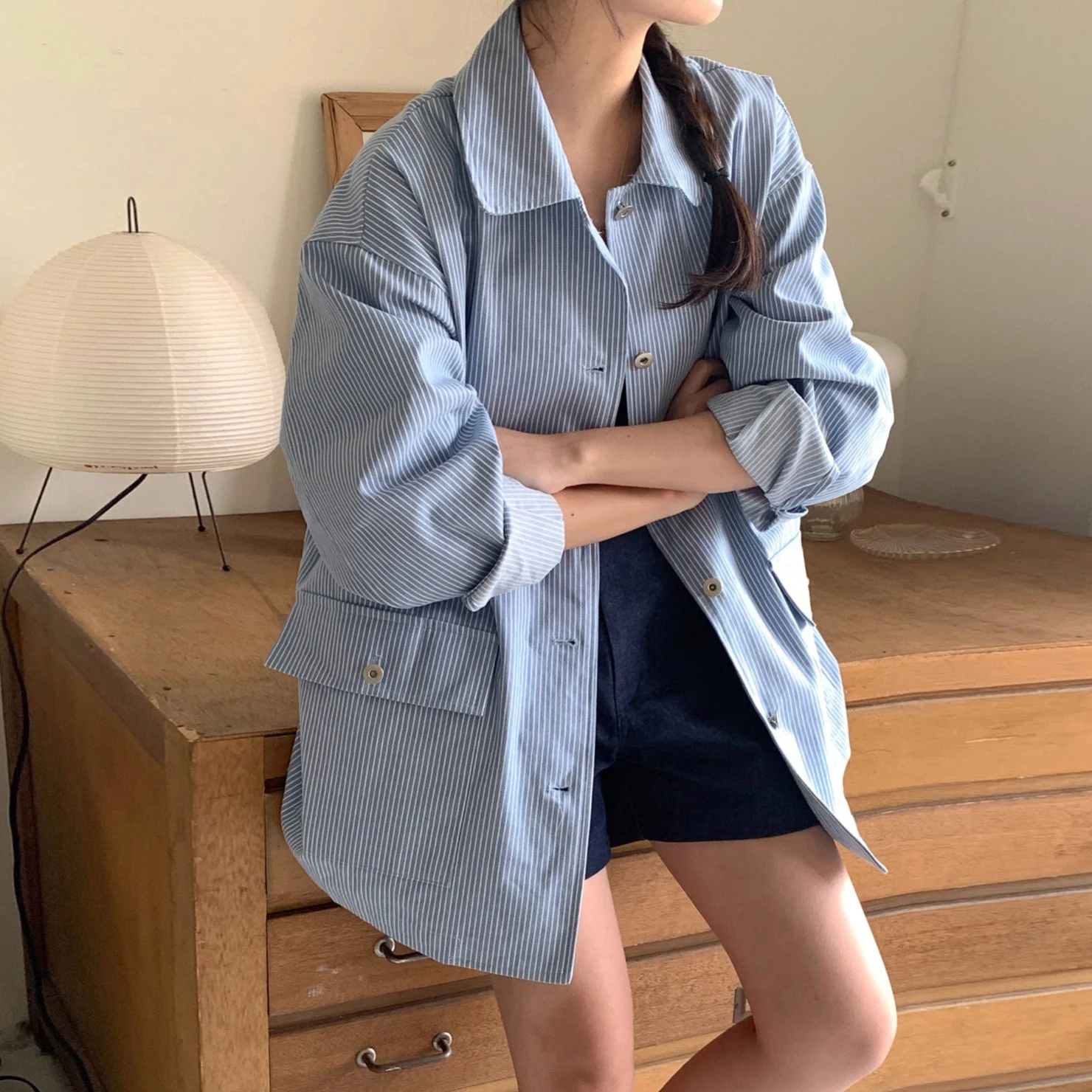 

Korean Sle Commuter Loose Fit Long Sve Striped irt Jaet Women's Faion Autumn New Casual Outerwear