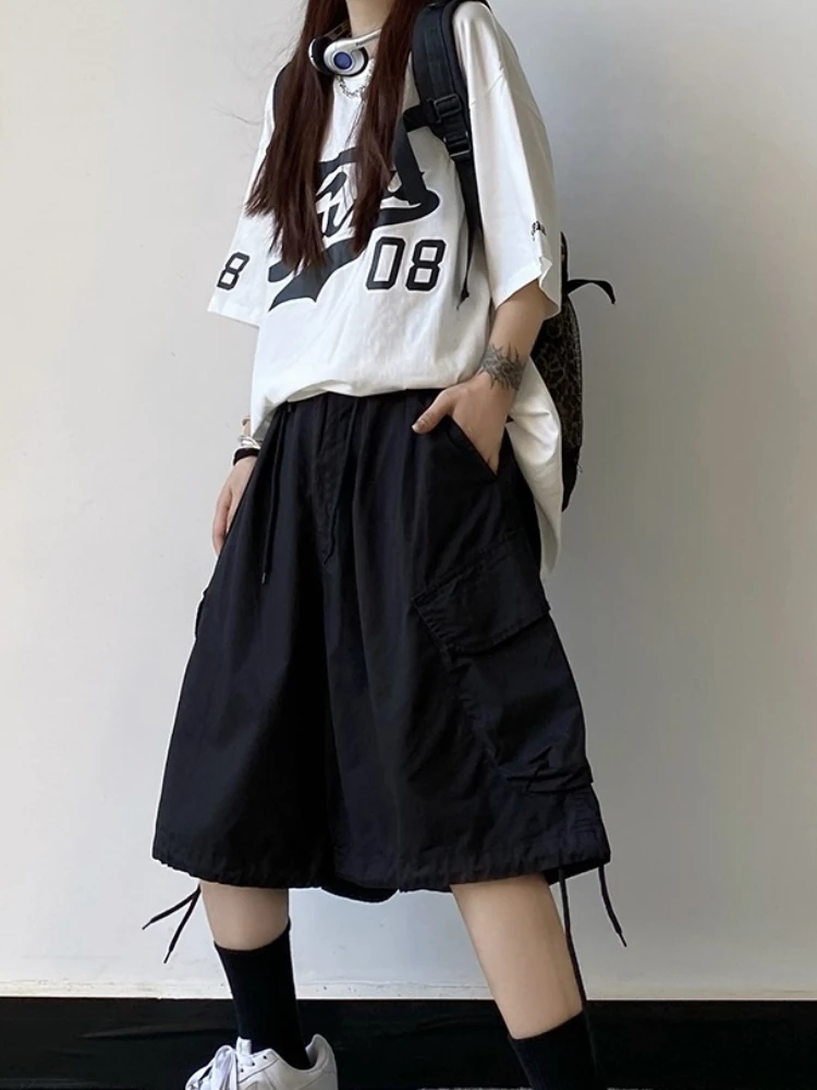 Japanese Loose Shorts Solid Color Pockets Draw String High Waist Summer Fifth Pants All Match Fashion Vintage Women's Clothing