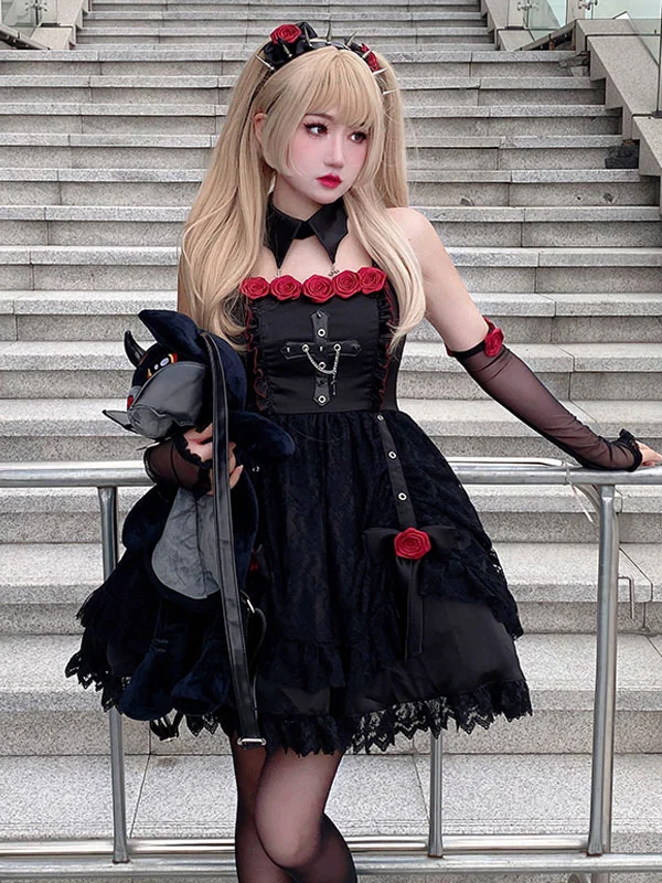 Abito Gothic Lolita OP abito nero a maniche lunghe con volant in poliestere Lolita One Piece Dress