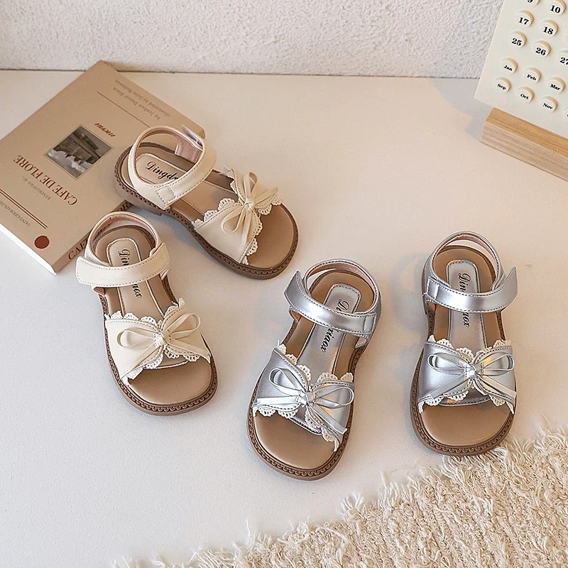 YUYIN Summer New Product Girls' Sweet Lace Bow Sandals Open-Toe Children's Princess Beach Sandals Soft Sole Kids' Flat Shoes