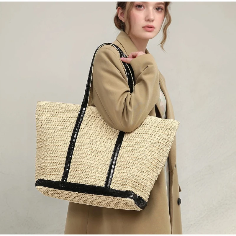 

Straw Tote Bag Minimalist Sequined Handbag Brand Design Woven Beach Bag Casual Travel Shoulder Bag Zipper Commuter Underarm Bag