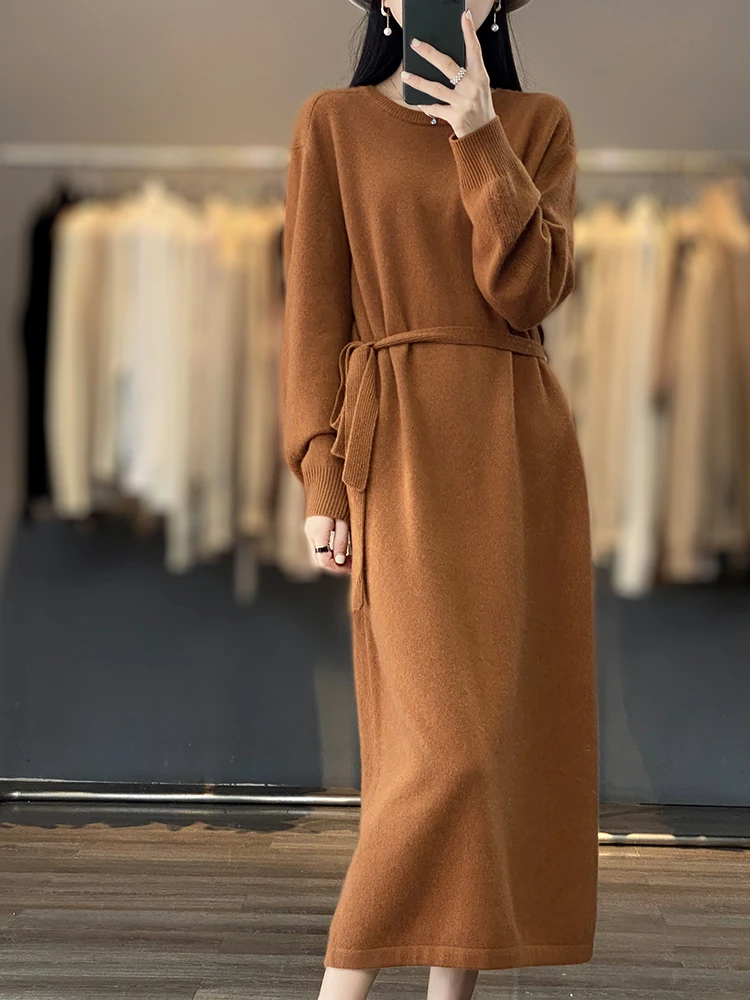 Office Lady Women's Wool Dress Cashmere O-Neck Pullover Sweater Autumn Winter  100% Merino Wool Knitwear Grace Sash Long Dress