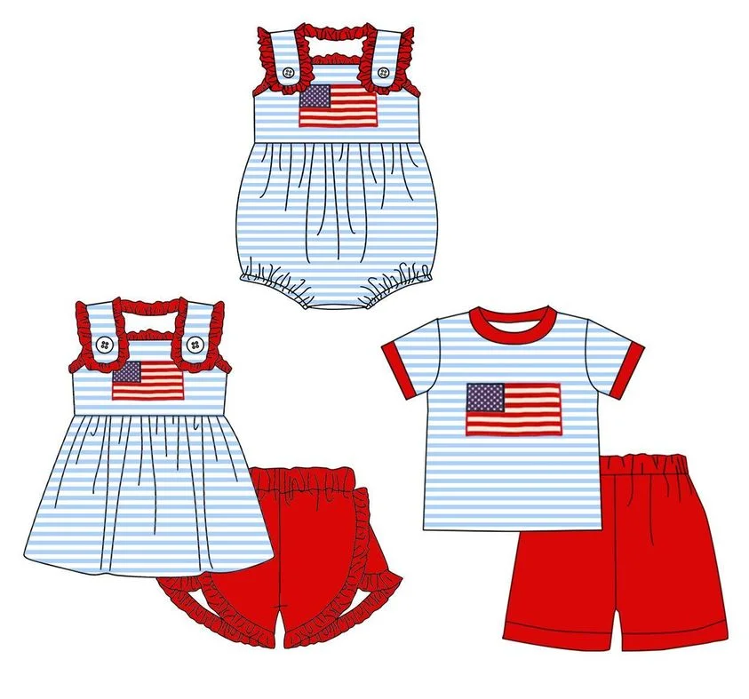 

New July 4th boutique children's set sleeveless lace flag print shorts lace girls boys striped shorts suit baby romper