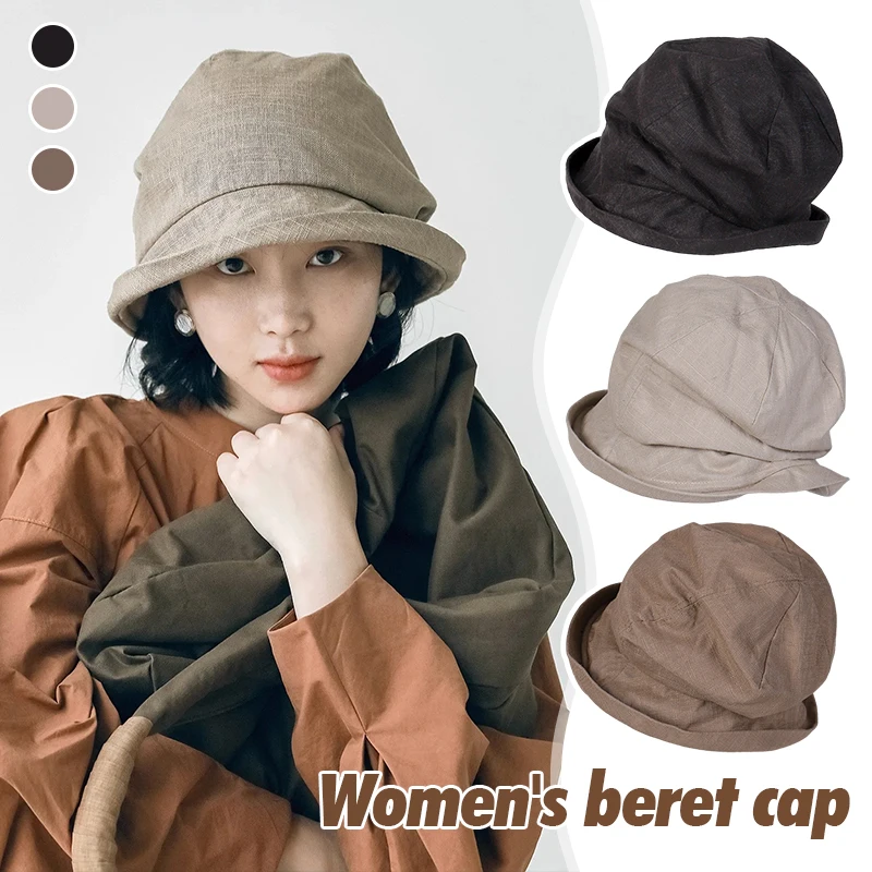 Topi baskom Linen longgar tahan Uv musim panas dengan pinggiran kecil topi katun organik katun desain Jepang topi nelayan wanita berlipat