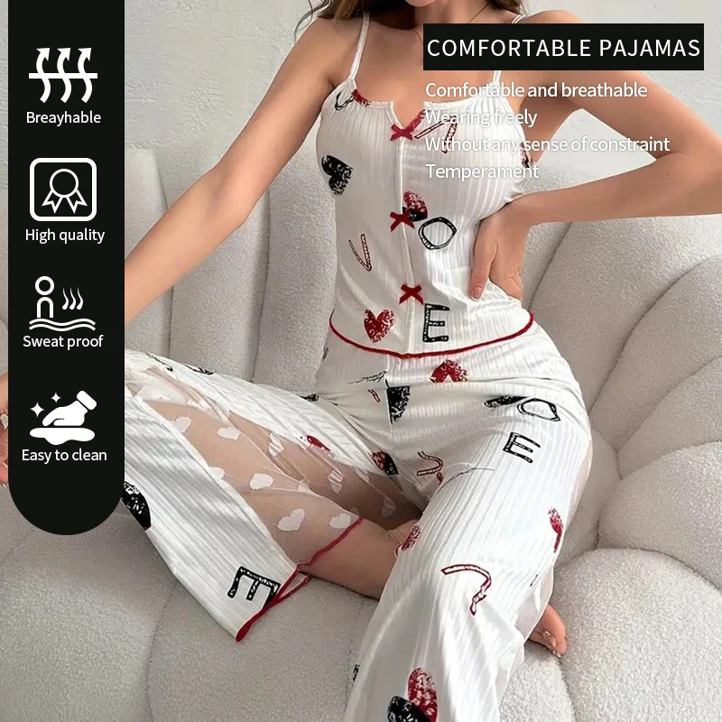 Women\'s Sexy Two-Piece Pajama Set Printed Lace Patchwork V-Neck Strap Top with Back Lace Detail Comfortable Sleepwear