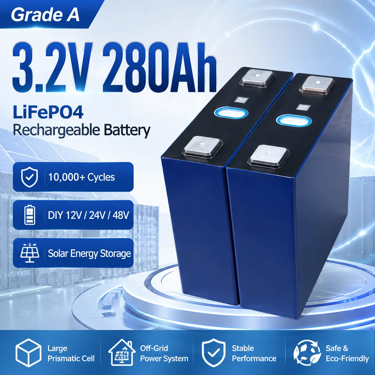 Grade A 3.2V 280AH Lifep04 Rechargeable Battery  DIY 12V 24V 48V Solar Power Storage Off-Grid Solar Power System Duty-free
