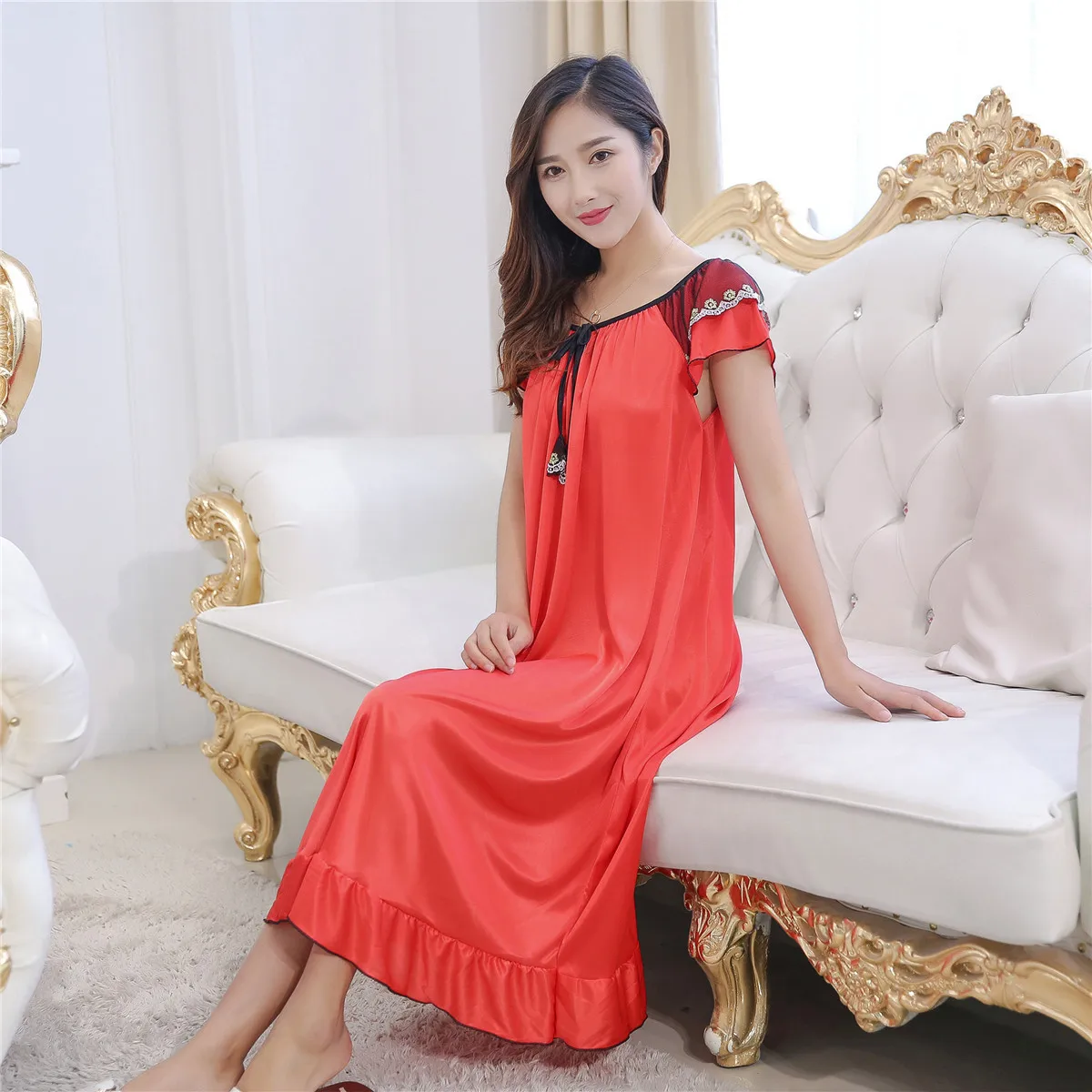 

M-6XL Plus Size Pajamas Nightdress Women's Summer Ice Silk Nightgowns Middle Aged Mother Night Dress Lace Sexy Nightie 110KG