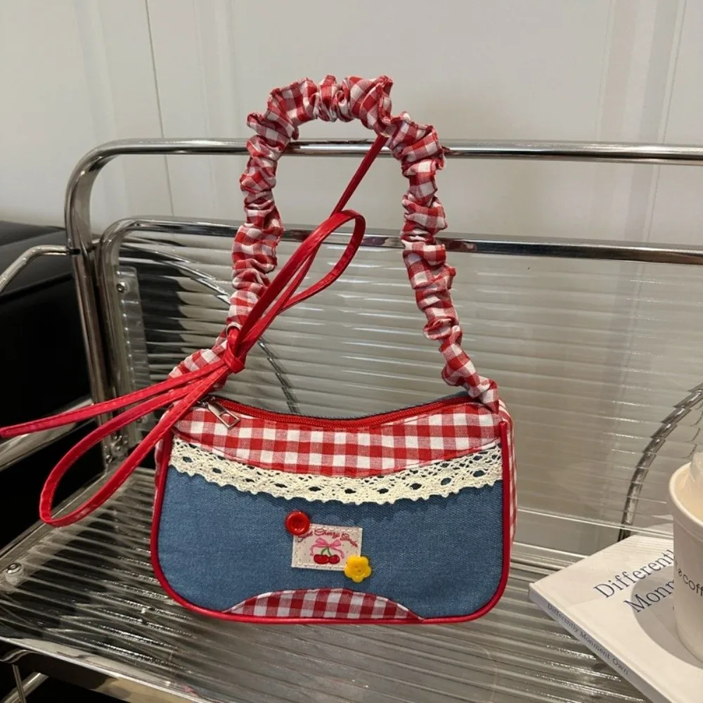 

Sweet Rural Style Lattice Shoulder Bag Plaid Bow Denim Underarm Bag Drawstring Commuting Crossbody Bag Girl