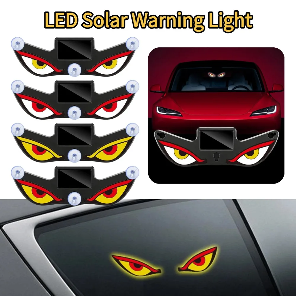 Car Solar LED Light Dynamic Demon Eye Rechargeable Rear Window Warning Lamp Auto Interior Ambient Decor Flashing Signal Light