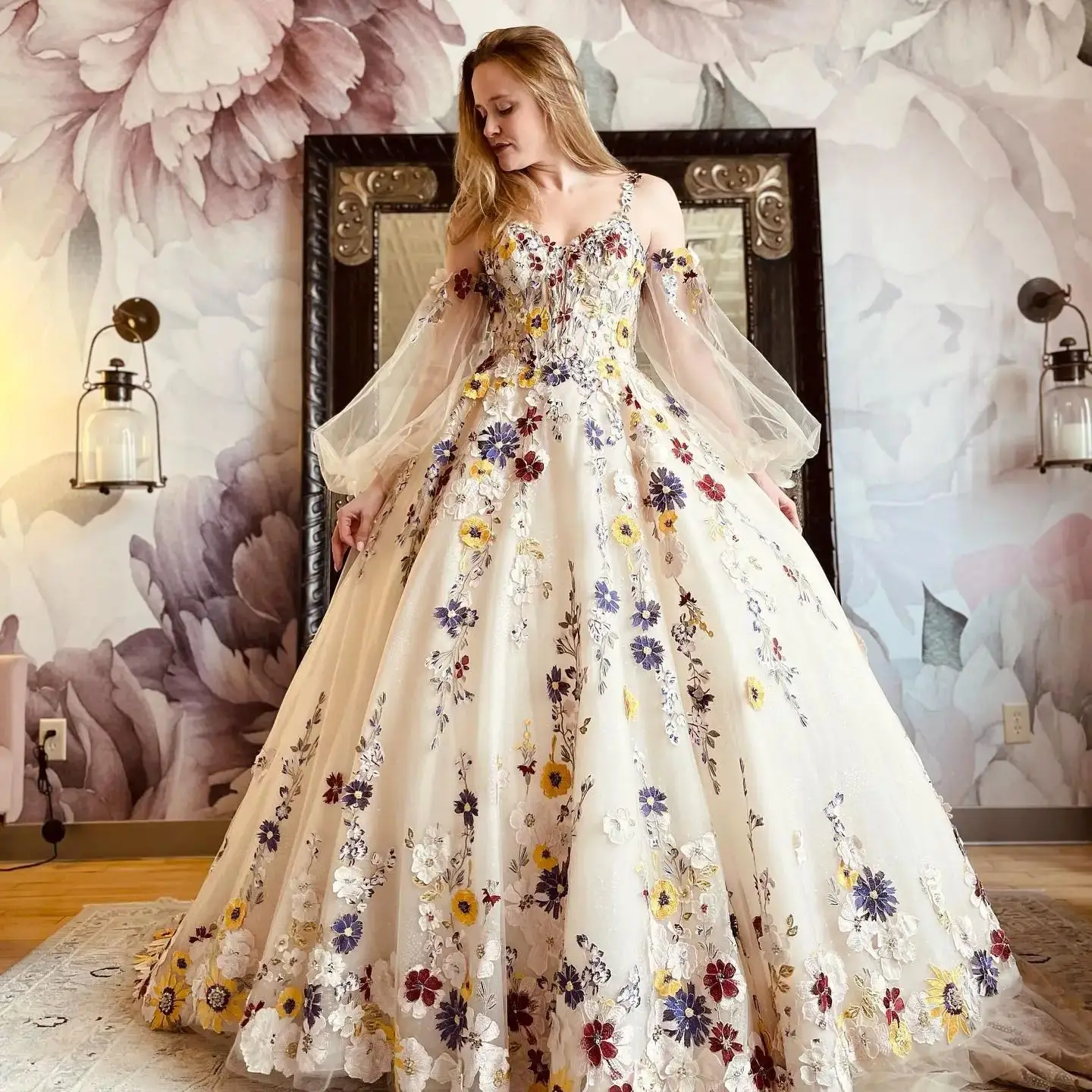 Sweetheart Puff Sleeves Long Tail 3D Flowers Champagne Chubby Elegant Party Dresses Customized for Wedding Evening Woman Gala