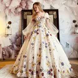 Sweetheart Puff Sleeves Long Tail 3D Flowers Champagne Chubby Elegant Party Dresses Customized for Wedding Evening Woman Gala