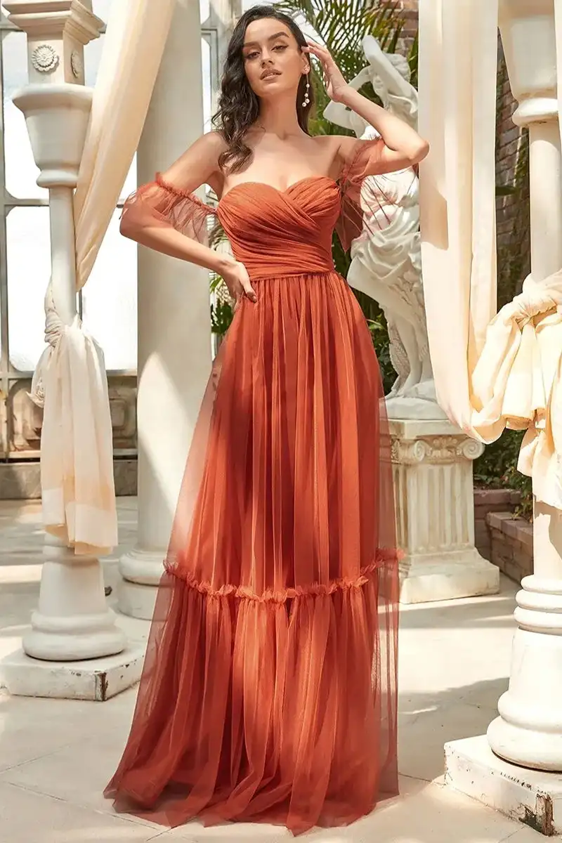 

Elegant Orange Off Shoulder Sweetheart A-line Tulle Party Dress with Pleats Strapless Backless Floor-Length Wedding Guest Gowns