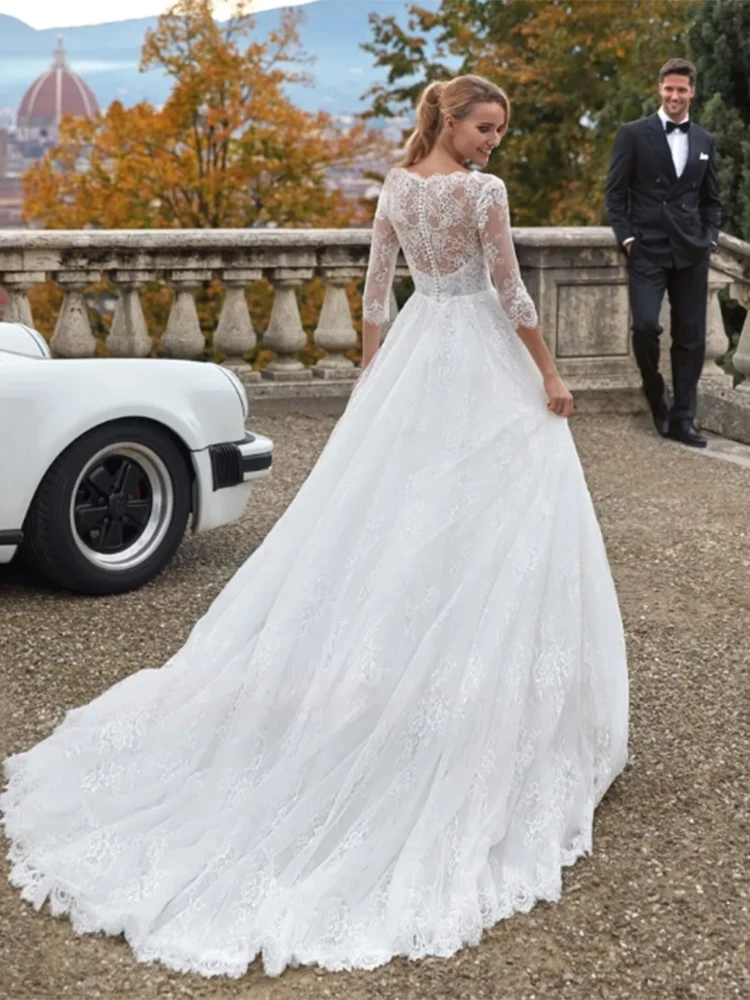 Vestido De Novia bohemio con apliques De encaje, manga larga, escote Corazón, hasta el suelo, tul, elegante, Princesa, 2023