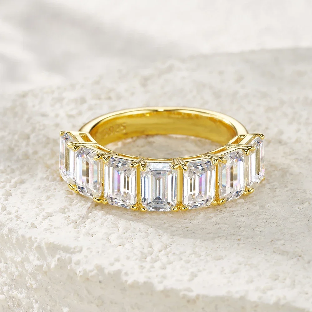 QIBAOKU 4*6mm Emerald Moissanite Ring S925 Silver Plated 18K Gold for Women Men 7-stone Lab Diamond Band Gift Jewelry GRA 2026