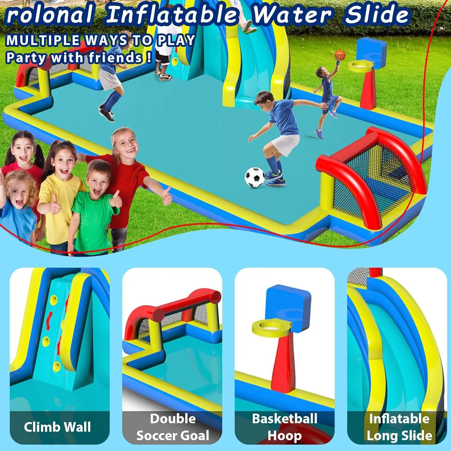 Scivolo gonfiabile con doppia porta da calcio, grande piscina antispruzzo, canestro da basket, parete da climbare, ventilatore d'aria, scivolo rimbalzante per bambini per P