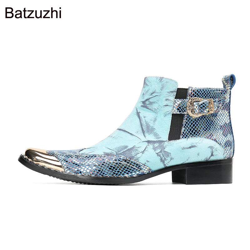 

Мужские ботинки Batzuzhi нового дизайна, кожаные мужские короткие сапоги с золотой железной головкой, небесно-голубые боты для бизнеса/вечеринки/свадьбы, US6-US12!
