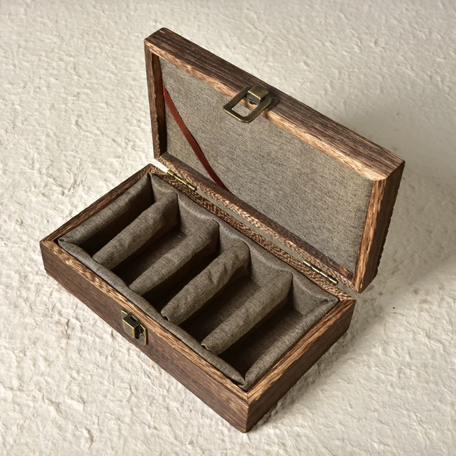 

Solid Wood Multi-Grid Seal Organizer Box, Handmade Carbonized Paulownia Display Case, Engraving Tool & Personal Stamp Collector