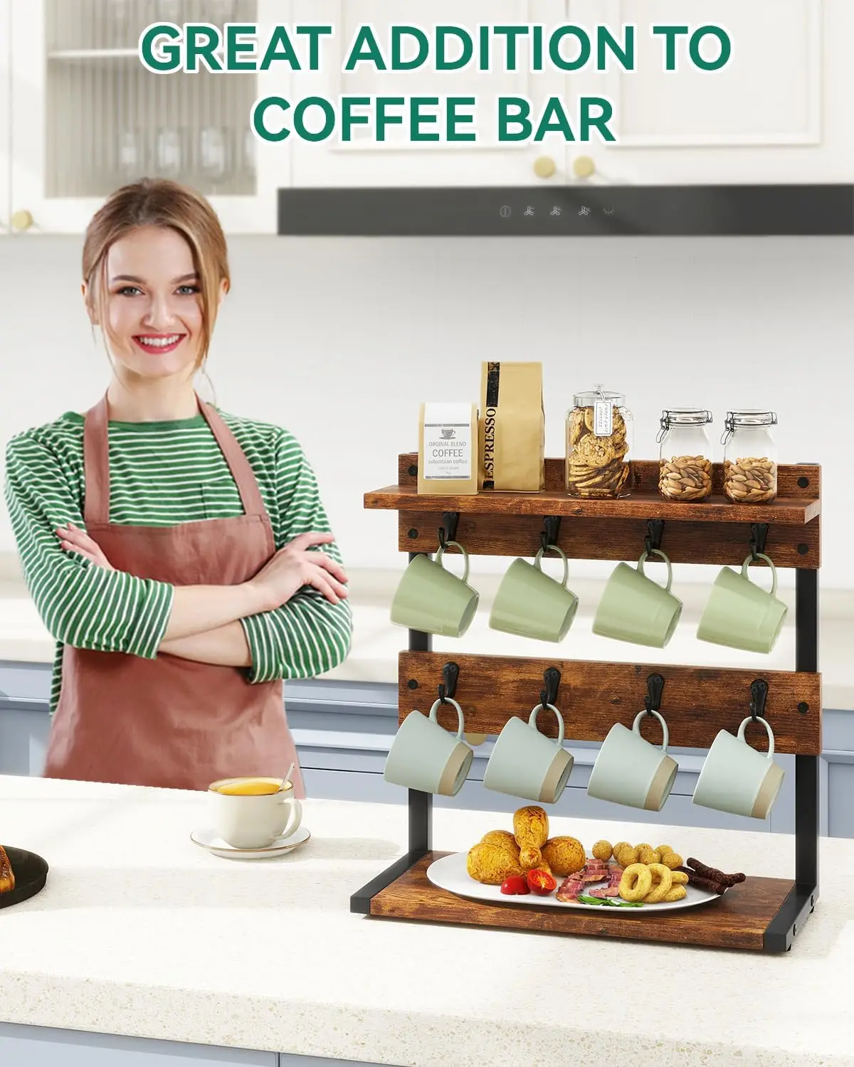 Rustic Coffee Mug Holder Stand, 2 Tier Countertop Mug Tree Holder RackVintage Mug Holders for Kitchen, Holds 8 Mugs