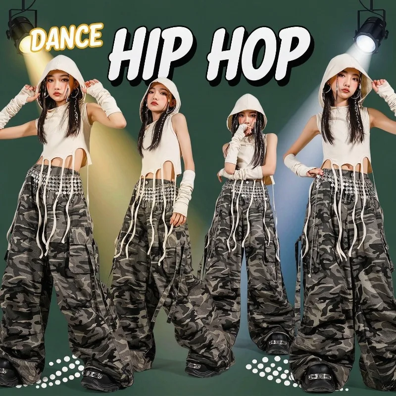 Kid Modern Dance Clothes Girl Jazz Lace Up Crop Hoodie Camouflage Pants Kpop Group Performance Suit Stage Wear Roleplay Party