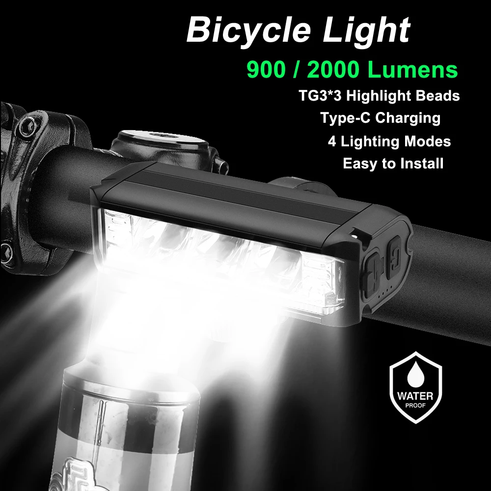 

Bicycle Light Headlight Waterproof Type-C Charging Easy to Install 900LM 2000LM Strong LED Light Cycling Front Lamp Accessories
