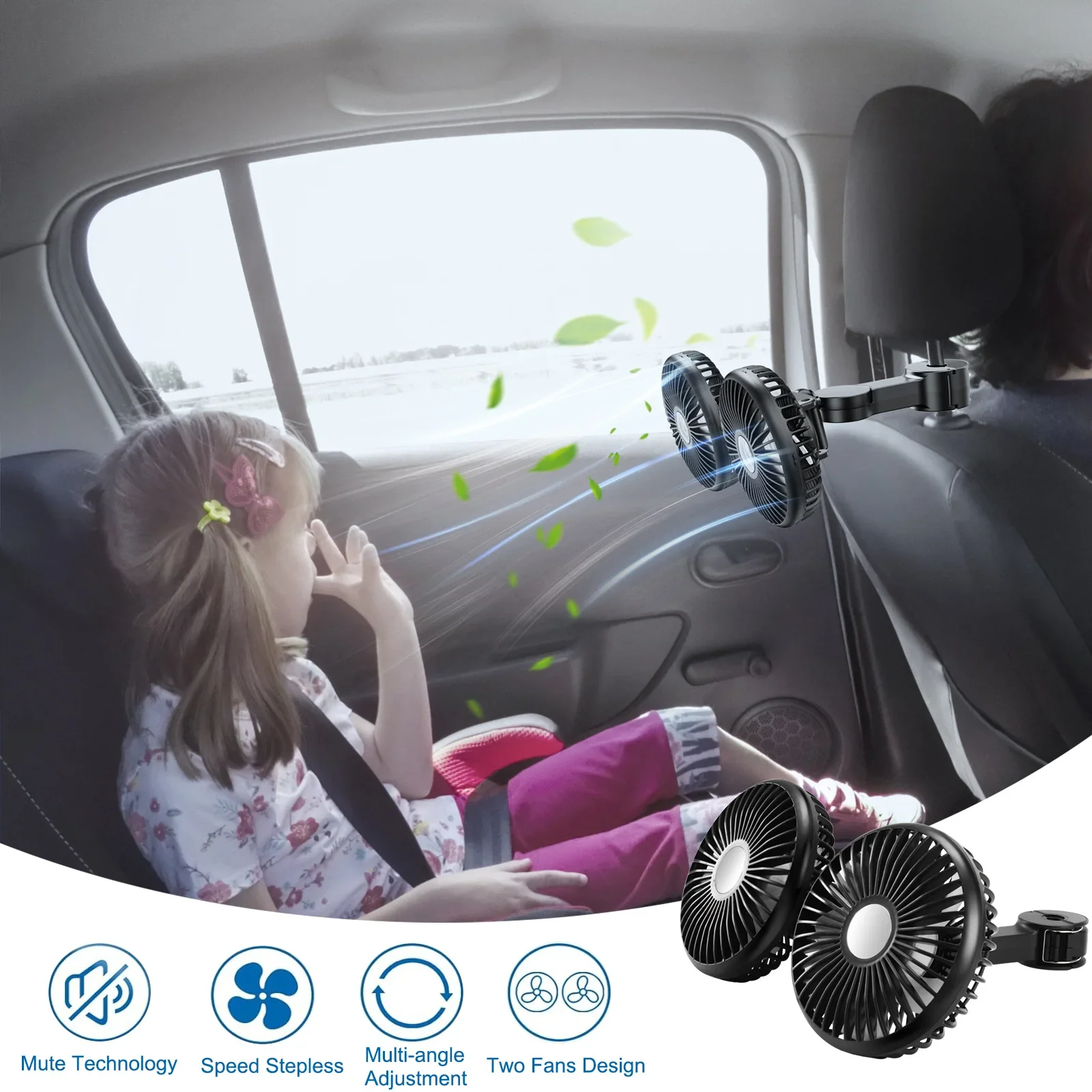 Eary – ventilateur de refroidissement à double tête pour siège arrière de voiture, accessoires de voiture d'été 360 °   Refroidisseur rotatif pour voiture, Charge USB, climatisation, ventilateurs froids