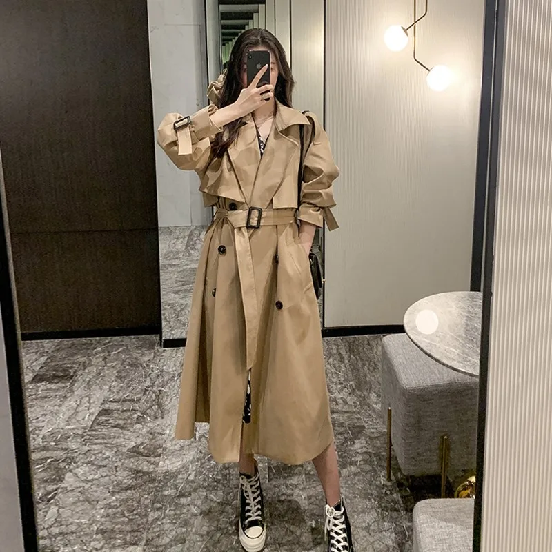 Khaki Trench Coat for Women New Style Mid-Length over-the-Knee Temperament Outer Suit