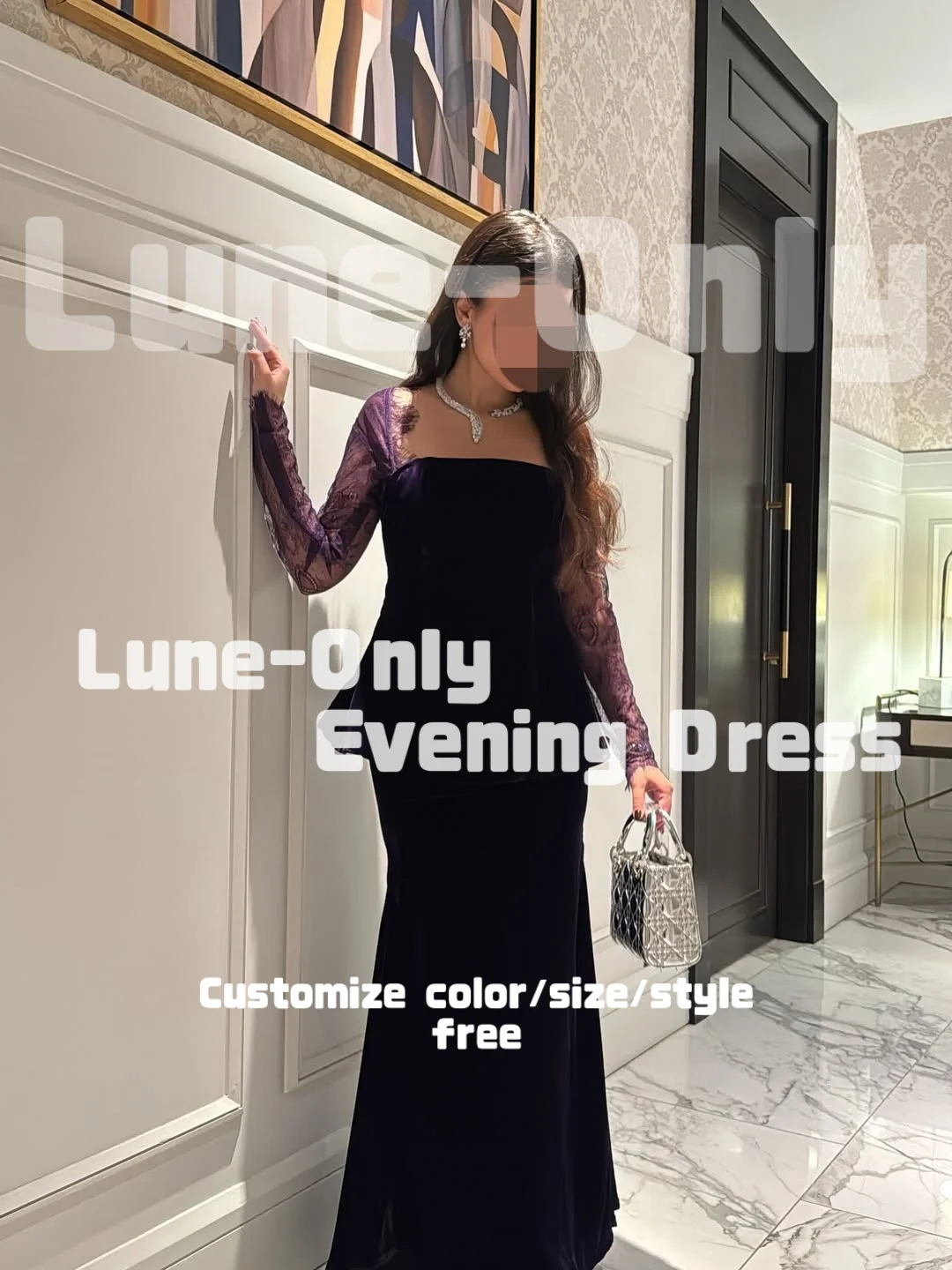 カスタマイズされたレース長袖パープルベルベットイブニングドレスフォーマルな機会のためのシンプルな甘いウエディングドレスパーティードレス