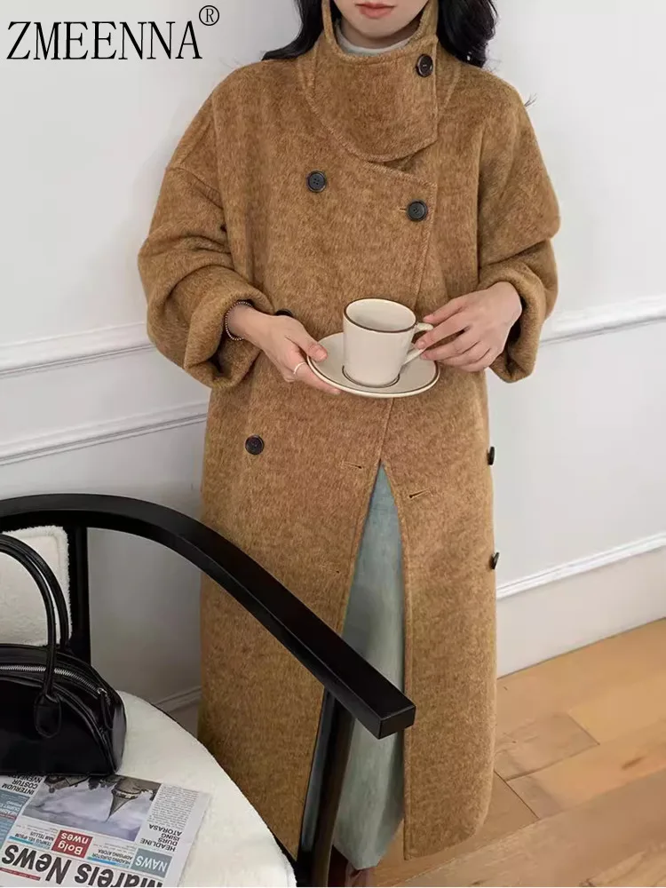 

ZMEENNA Womens Elegant Brown Wool Blend Long Coat Stand Collar Asymmetrical Button Winter Outerwear Chic Maxi Length ZM3435