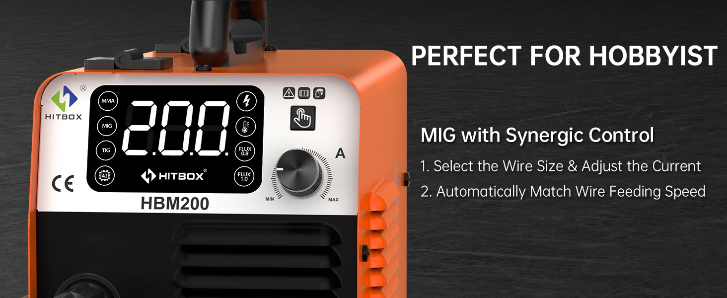 HITBOX HBM200 MIG TIG MMA Welding Machine 3 IN 1 Synergy Inverter Welder Gasless Flux Core Semi-Automatic Soldering Portable Inverter Equipment for Iron Metal Work