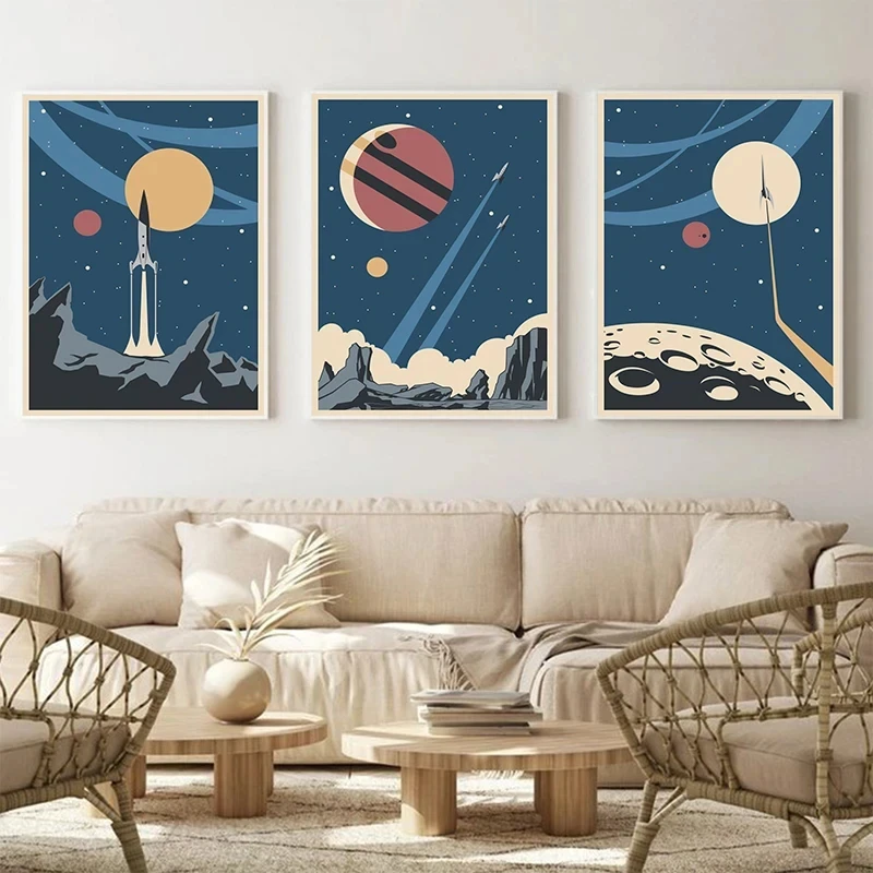 Cosmic Planet Rocket Cartoon Retro Poster Canvas Painting Print Nordic Wall Art Picture Teaching in Childrens Schools Decor