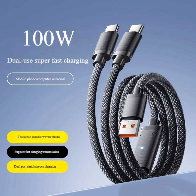 Dual Port Type C Fast Charging Cable 2 in 1 100W USB to 2 USB C Power Bank Multi Device Charge On The Go