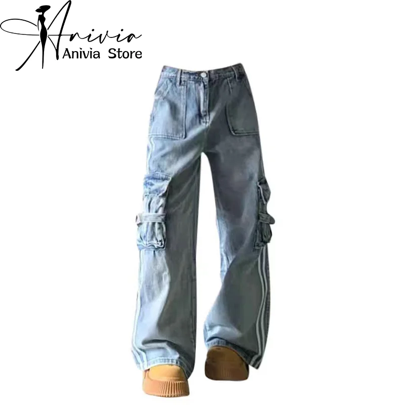 

Women Blue Cargo Jeans Baggy Harajuku Denim Trouser Y2k Wide Leg Jean Pants Vintage Trashy Japanese 2000s Style Oversize Clothes