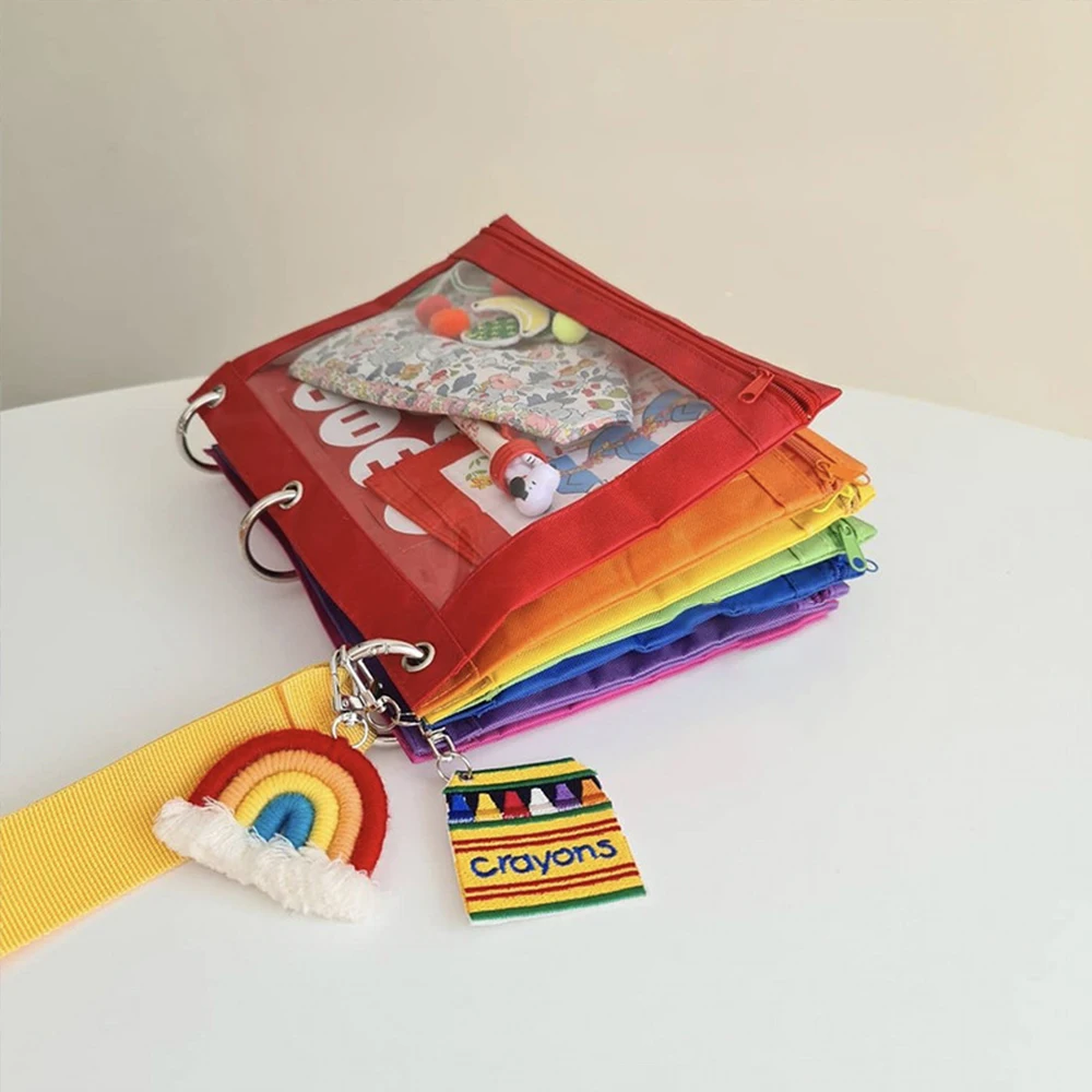 Cute Rainbow Seven Color Storage Bag Stationery Bag Hangable Children Sorting Bag Transparent Oxford Fabric Bag